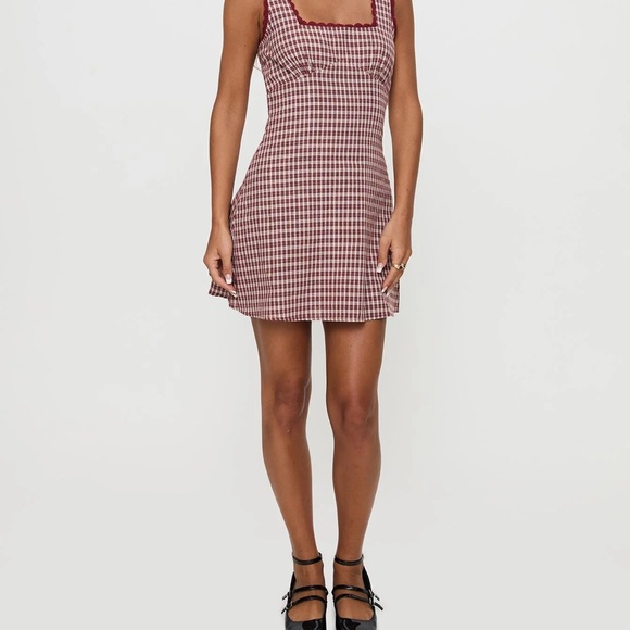 Princess Polly Dresses & Skirts - Princess Polly Burgundy and White Checked Square-Neck Mini Dress